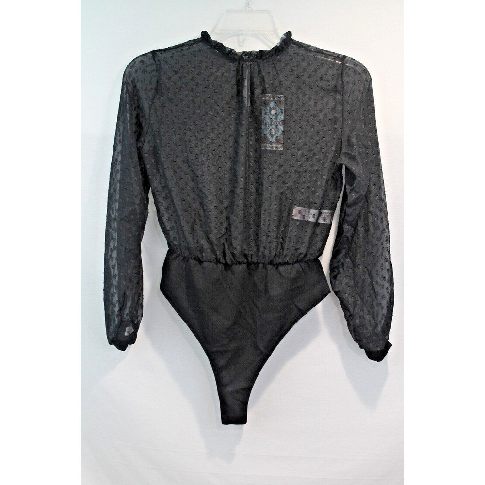 Boohoo Bodysuit Sheer Texture Dots Womens size 4 Black Ruffle Neck Long Sleeves